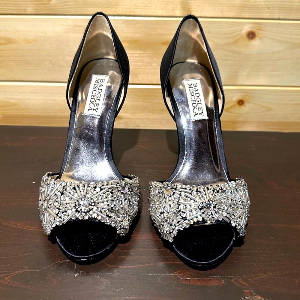 Brand new Badgley Mischka black satin heels with gems in size 5.5